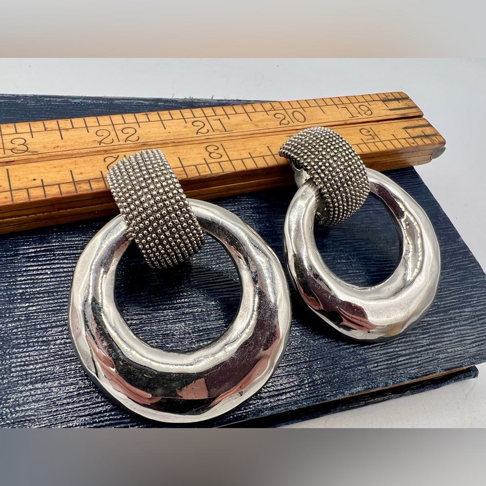 Vintage ERWIN PEARL chunky clip on earrings silver tone doorknocker 1990s heavy